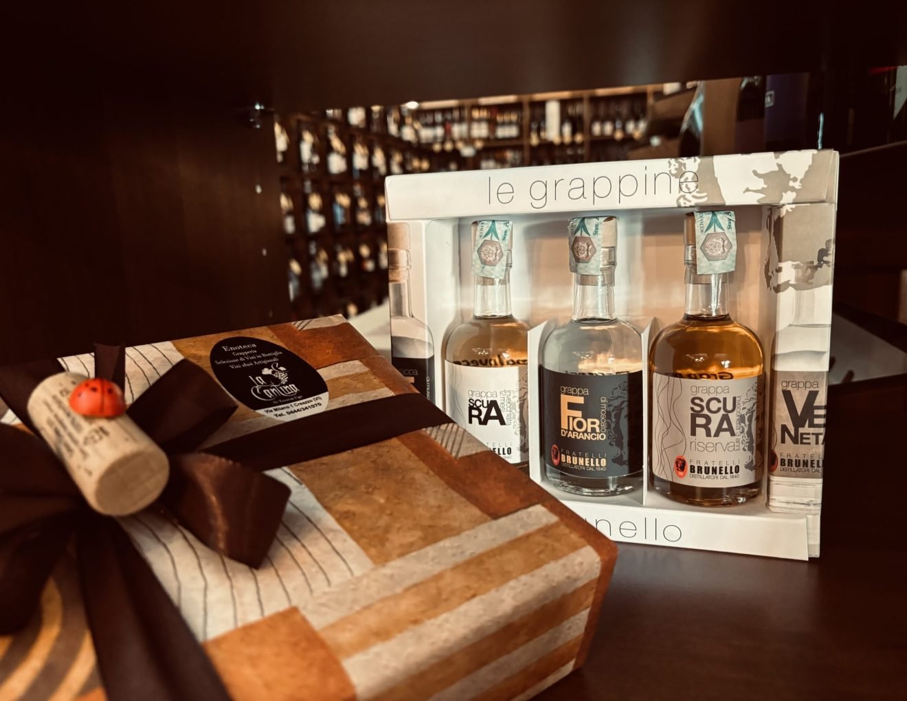 Idea regalo di distillati, confezione degustazione grappa brunello fatta da Ugo Trentin a Creazzo